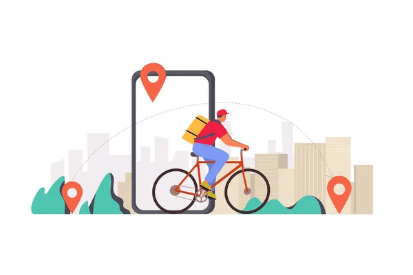 Delivery man with smartphone and map pointer with text message on white background vector illustration.Fast courier. Customers order in the mobile application, the courier follows the GPS map, the background is a landscaped garden.