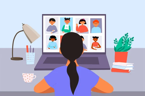 Online education.Distance school, online learning. Teacher at work, laptop, screens, remote lesson for children of primary school age. Vector illustration.