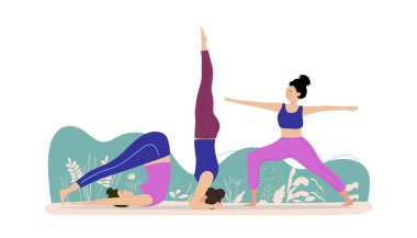 Womans in Yoga pose.Women making yoga in park scene Healthy lifestyle.Yoga classes.Vector illustration.