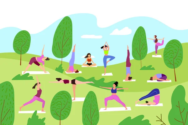 Group People Practice Yoga Park Grass People Doing Yoga Nature — Stockový vektor