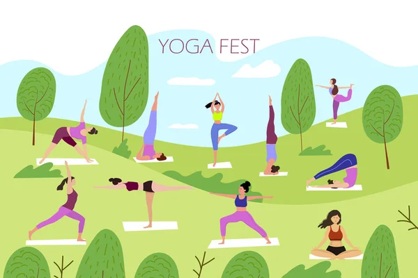 A group of people practice yoga in a park on the grass.People doing yoga in nature.Yoga festival.Healthy lifestyle.Vector illustration.