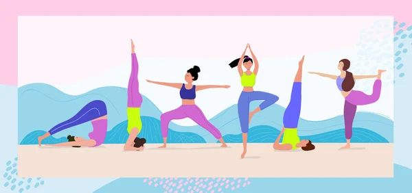Womans in Yoga pose.Women in different yoga asanas vector illustration. Different women doing yoga set.Isolated on white background