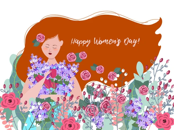 Happy Women's Day greeting card.An illustration of a young girl for the celebration of Happy Women's Day.Vector illustration. 
