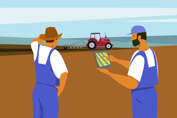 Farmers on the background of the field and the tractor. Agricultural work. Vector illustration.