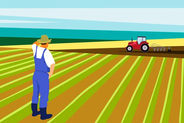  Agricultural work.Farmer on a field background with tractor. Vector illustration.