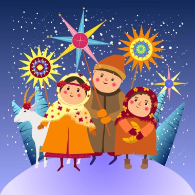 Children congratulate with Christmas, carols.Christmas card.Vector illustration.