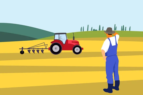  Farmer on agricultural land with a tractor.Farmer looked at his field.Vector illustration.
