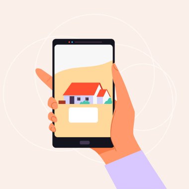 Real estate online.Hand holding smart phone with house icon.Vector illustration. 