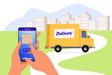  Delivery service application on a mobile phone. Delivery van and mobile phone. Vector illustration.