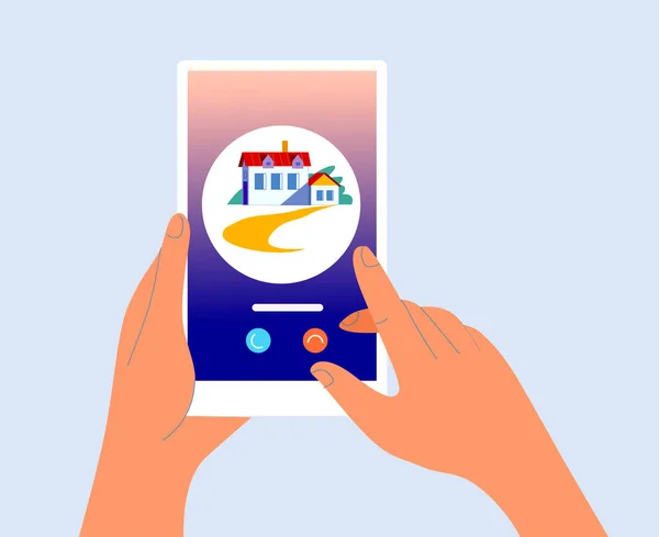 Real estate online.Rrent real estate house in smartphone.Technology, online sale in internet.Vector illustration.