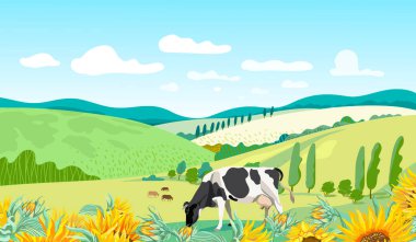  Summer rural background with cows. Vector illustration.