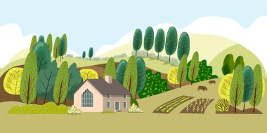Farm in the countryside. Cottage among the trees.Ecologically clean area with blue sky and clouds.Vector illustration.
