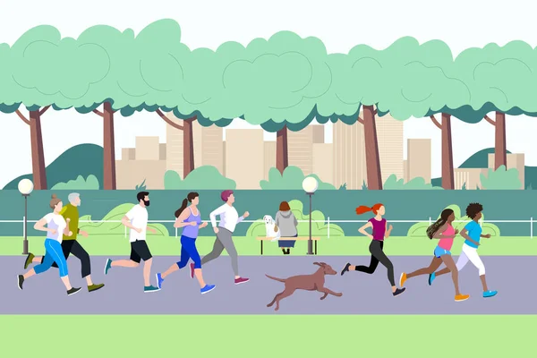Group People Running City Public Park Healthy Lifestyle Training Marathon — Stock Vector