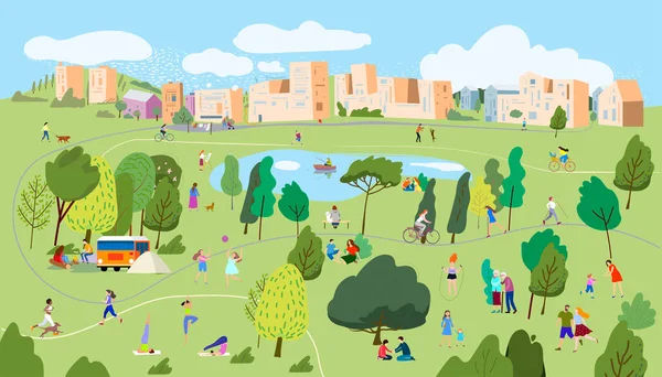  Active family weekend in the forest by the lake with a barbecue, walks. People having a rest on a picnic in nature.People in the park.Vector illustration.