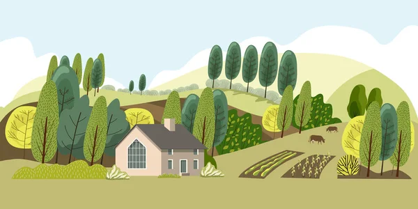 Farm in the countryside. Cottage among the trees.Ecologically clean area with blue sky and clouds.Vector illustration.