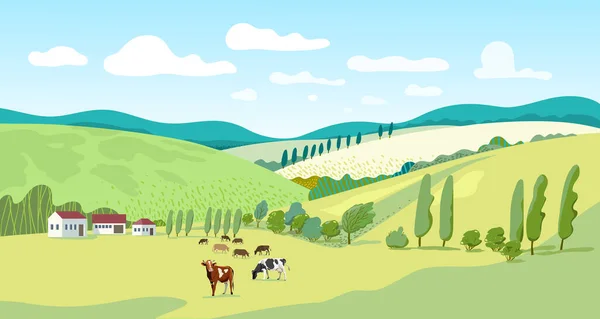Rural landscape with milk farm and herd cows.Vector illustration.