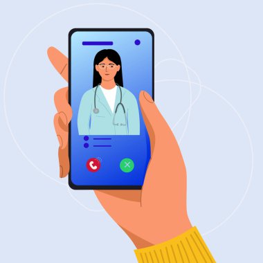 Hand holding smartphone.A call to hospital online service, hot line for medical consultation, treatment advice, support.Online doctor medical consultation vector illustrationVector illustration.
