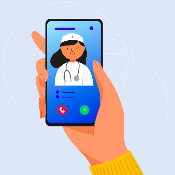  Çevrimiçi doktor tıbbi danışma vektör çizimi. Çizgi film düz insan eli ve ekranda terapist karakter videosu var. Çevrimiçi tıbbi danışma hizmeti konsepti.