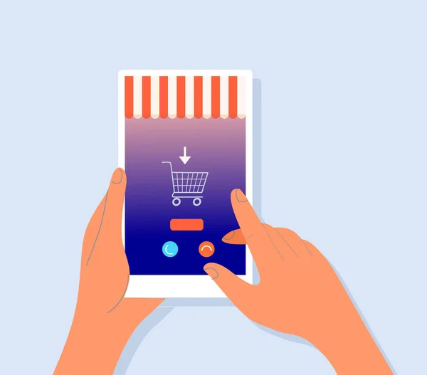  Hand holding mobile phone.Empty screen.Hands holding smartphone, flat style, catroon.Mobile device with blank screen.Flat style,minimalist design.Space for your picture or text.Template, mock-up.Isolated.Vector illustration.