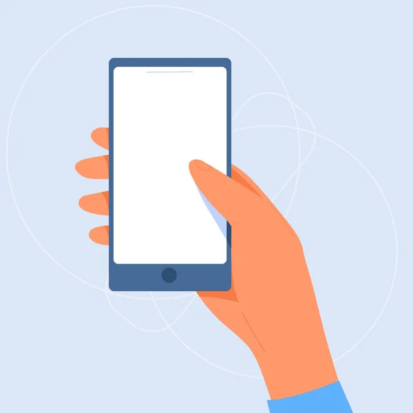  Hand holding mobile phone.Empty screen.Hands holding smartphone, flat style, catroon.Mobile device with blank screen.Flat style,minimalist design.Space for your picture or text.Template, mock-up.Isolated.Vector illustration.