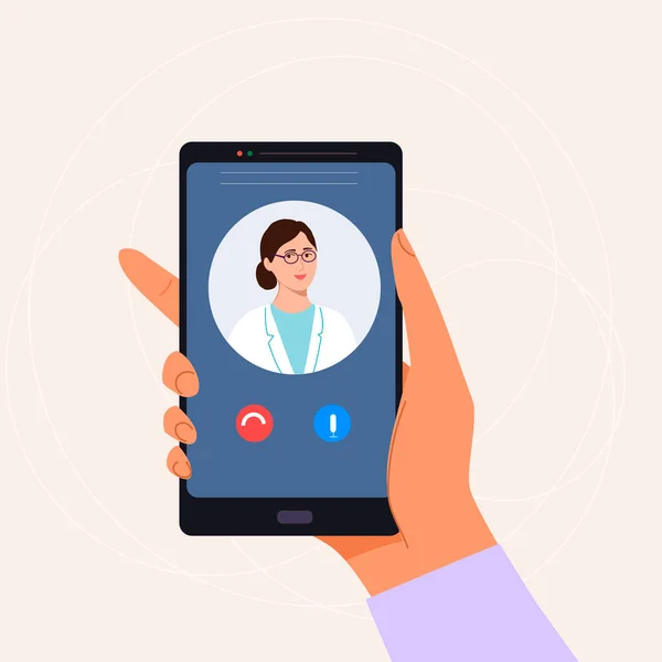  Hand holding smartphone.A call to hospital online service, hot line for medical consultation, treatment advice, support.Vector illustration.