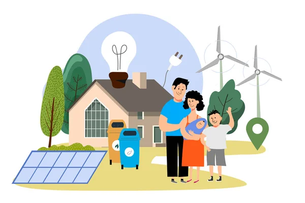  Eco house.The family lives in an ecological house, uses alternative sources of energy, saves money.Vector illustration.
