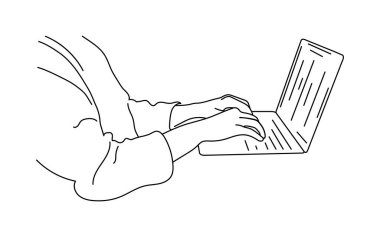 Profesyonel işçi el ve dizüstü bilgisayarının vektör çizimi ve ofis için çalışma planı beyaz arka planda dizüstü bilgisayarda