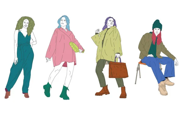 Güzel renk vektör resimli moda alışverişi yapan kızlar.