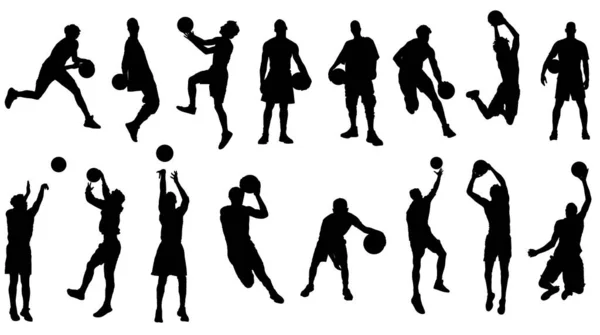 Баскетболисты Силуэты Векторного Комплекта Баскетболист Действии Мячом — стоковый вектор