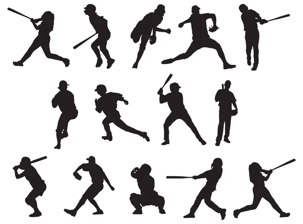 Uppsättning Baseball Spelare Silhuetter Sport Människor Vektor — Stock vektor