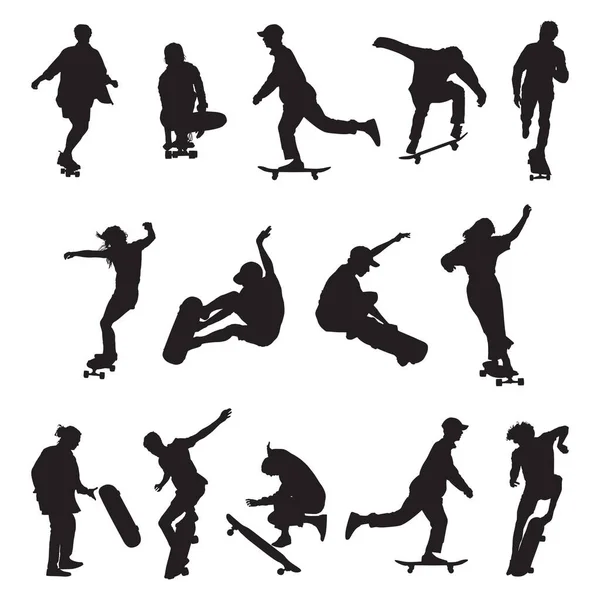 Vollständiger Satz Skateboard Völker Silhouetten Vektor Illustration — Stockvektor