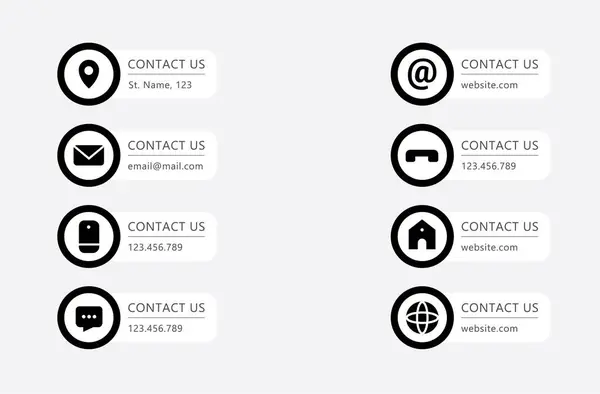 Temel İrtibat Simgeleri. Adres, e-posta, telefon, web sitesi ve iletişim detayları için bir dizi siyah kişi simgesi.