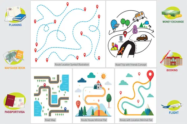 Renkli seyahat güzergahları. Düz ve minimal biçimlerde haritaları, mekanları ve yolculuk konseptlerini gösteren yaratıcı seyahat rotası çizimleri koleksiyonu.