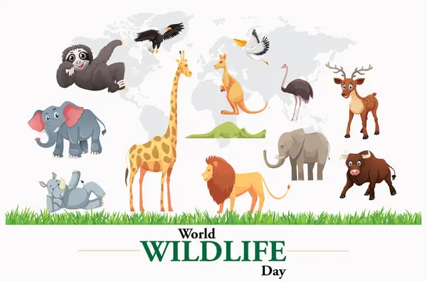 Birlikte vahşi hayatı koruyacağız. Dünya Vahşi Yaşam Günü farkındalığı için yaratılmış dünya haritası olan çeşitli vahşi hayvanların tasviri.