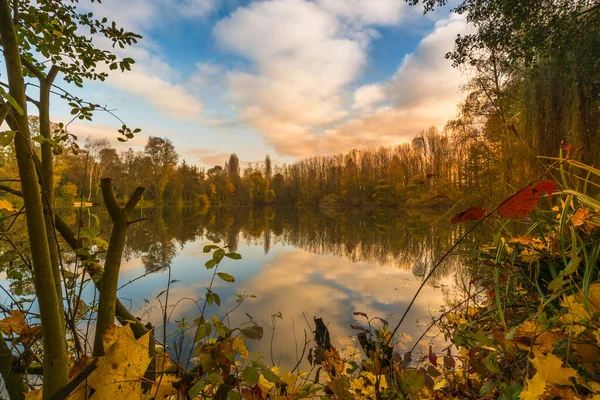 Autumn landscape with a lake and trees in the foreground at sunset