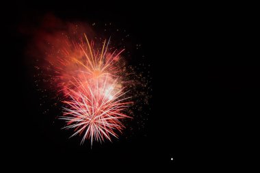 Gece gökyüzünde çeşitli renklerde renkli havai fişekler. Güzel soyut arkaplan