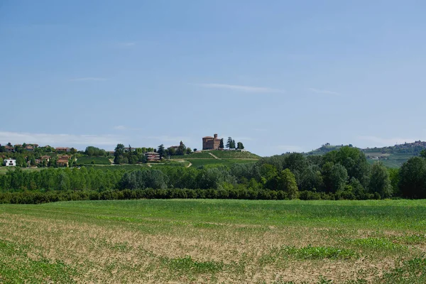 意大利北部的一个巨大的绿地 背景是一座古老的格林扎内科沃城堡 座落在一座小山上 — 图库照片