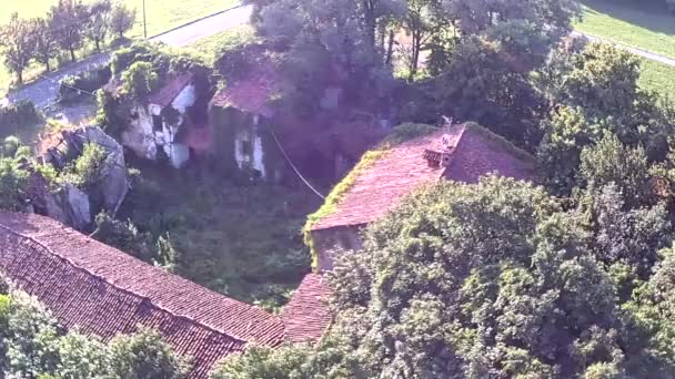 Вид Воздуха Заброшенный Сельский Дом Окружении Деревьев — стоковое видео