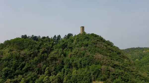 Como şehrinin tarihi Baradello kulesinin tepesindeki yeşil dağın havadan kuş manzarası.