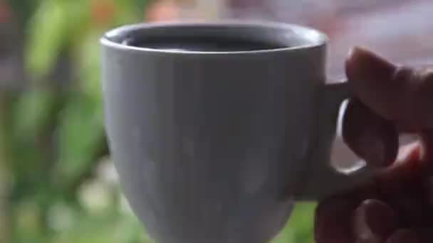 Γυναίκα Πίνοντας Ζεστό Καφέ Ένα Τοπίο Του Καφέ Και Της — Αρχείο Βίντεο