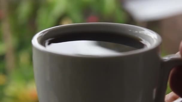Vrouw Die Hete Koffie Drinkt Een Landschap Van Een Koffie — Stockvideo