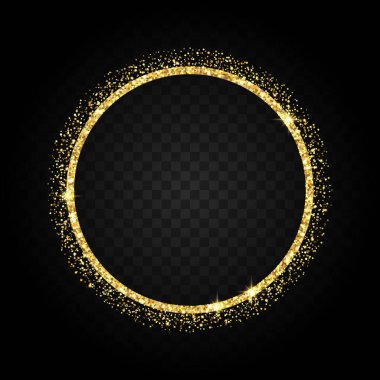 Şeffaf arka planda izole edilmiş parlak yıldızlı altın parıltılı daire çerçeve, lüks sınır şablonu vektör çizimi.