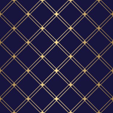 Altın köşeli ve mavi arkaplanda kare şeklinde süslemesiz desen, ambalaj kağıdı, duvar kağıdı, kart, yüzey tasarımı için vektör çiti deseni.