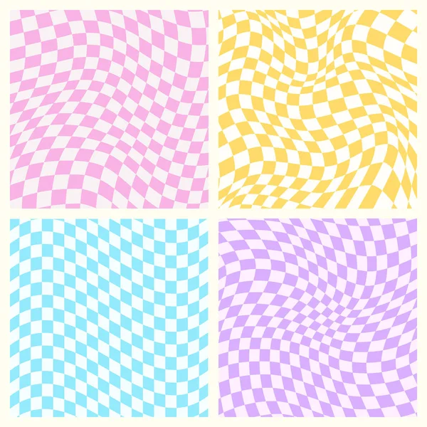 Harika psikedelik dalgalı satranç tahtası seti, hippi çarpık dama tahtası, gingham desenli arkaplan, vektör illüstrasyonu.