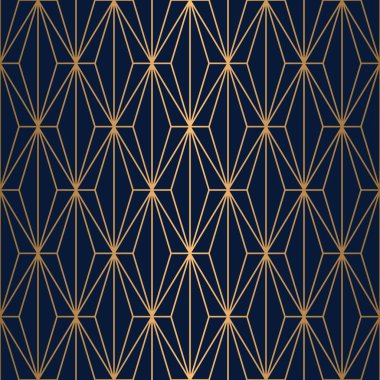 Mavi zemin üzerinde altın karesi ve çizgisi olan sanat deco dikişsiz deco desen, geometrik şekilli lüks duvar kağıdı, vektör çizimi.