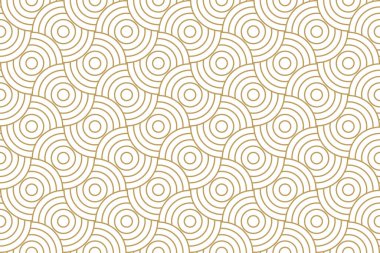 Soyut üst üste binen, altın ve bej rengi dairesel dalgalı kusursuz desen Japon geometrik arka planı ince ve çizgi ile tekrar eder..
