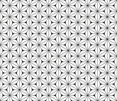 Siyah ve beyaz altıgen ya da üçgen şekilli kusursuz desen, Japonca klasik ya da doğulu sanat için tekrar eden fayans, vektör arkaplan.