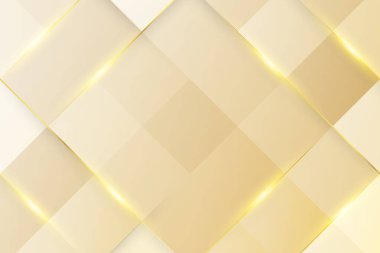 Luxury cream gold geometric background with square rhombus pattern, gold lines and sparkling light in 3d paper cut style , vector illustration.	