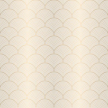 Sanat deco yay düz dalga deseni altın daire kemer çizgisi, balık pulu, kafes arka planı, vektör illüstrasyonu.