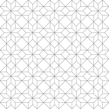 Karmaşık geometrik yıldızlar ve elmaslar kusursuz, tekrarlayan bir desen oluştururlar. Hassas gri çizgiler beyaz arka planda gelişmiş ve modern bir tasarım oluşturur..